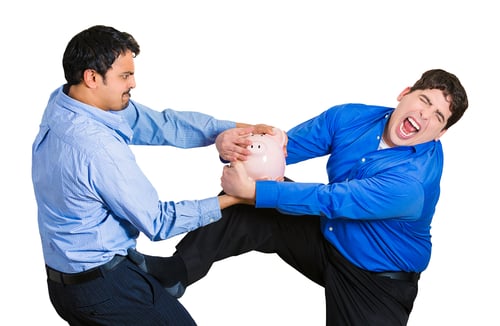 Closeup portrait of two funny looking men, one trying to steal piggy bank from guy holding it tightly, trying to protect his savings, isolated on white background. Financial fraud, robbery. Emotions