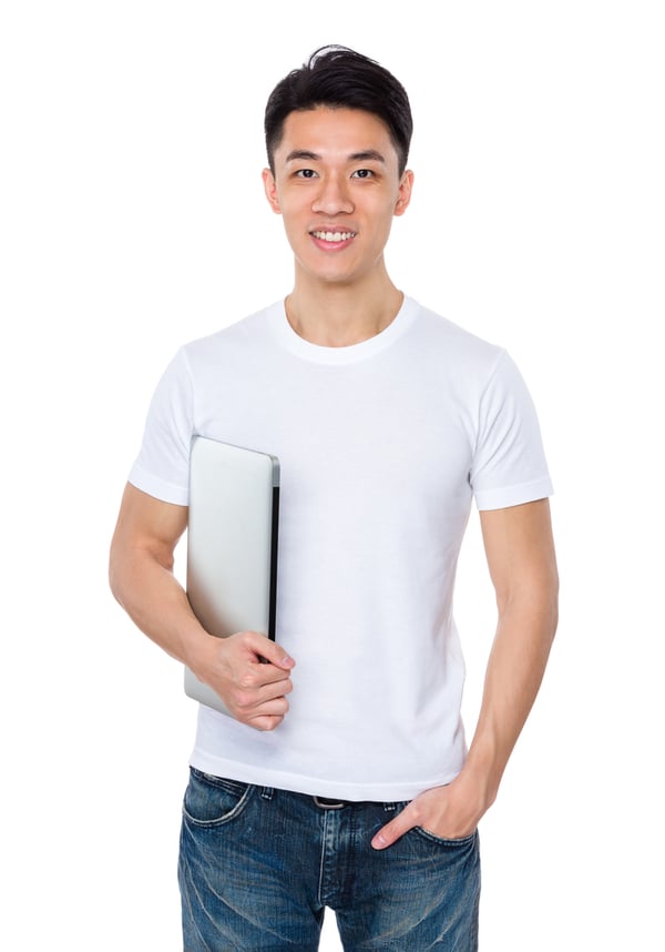 Asian young man hold with laptop computer