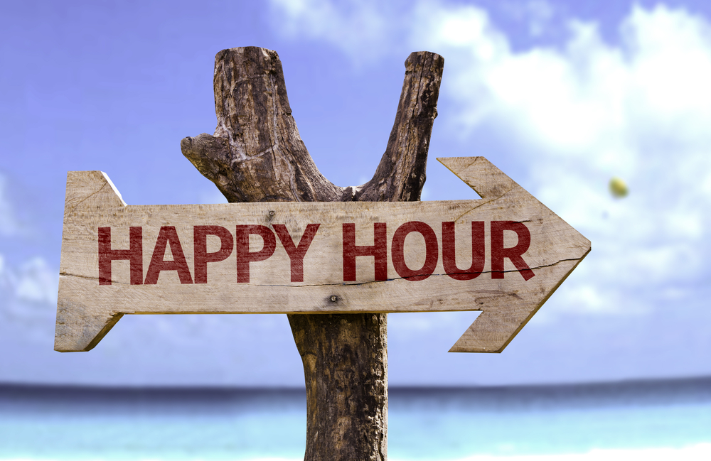 Happy Hour wooden sign with a beach on background-1