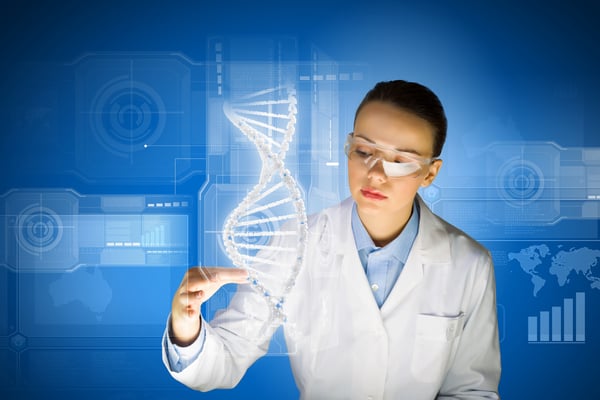 Woman scientist touching DNA molecule image at media screen
